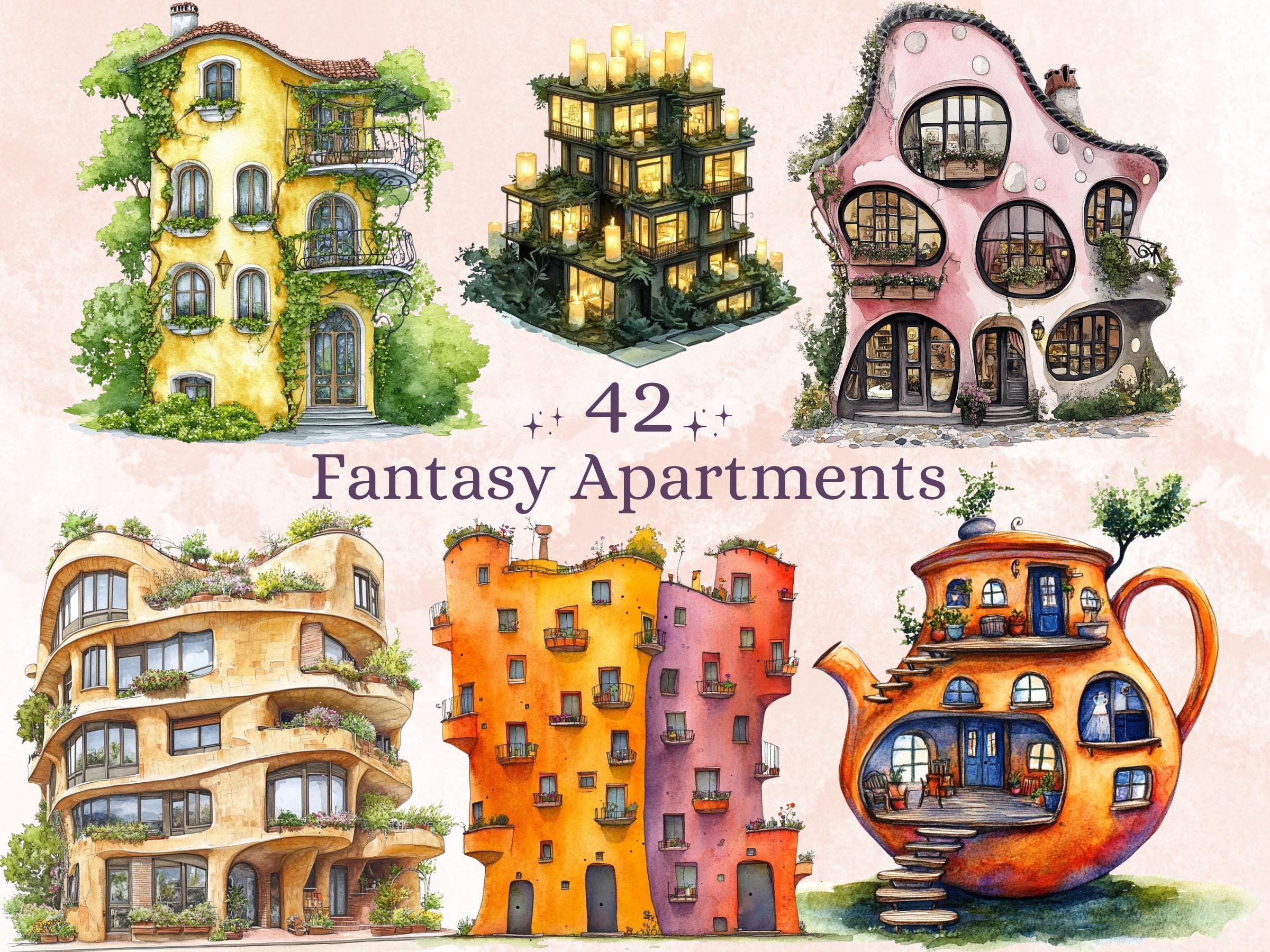 Fantasy Apartments Clipart | 42 Whimsical Quirky City PNG | Magical Home Digital Download