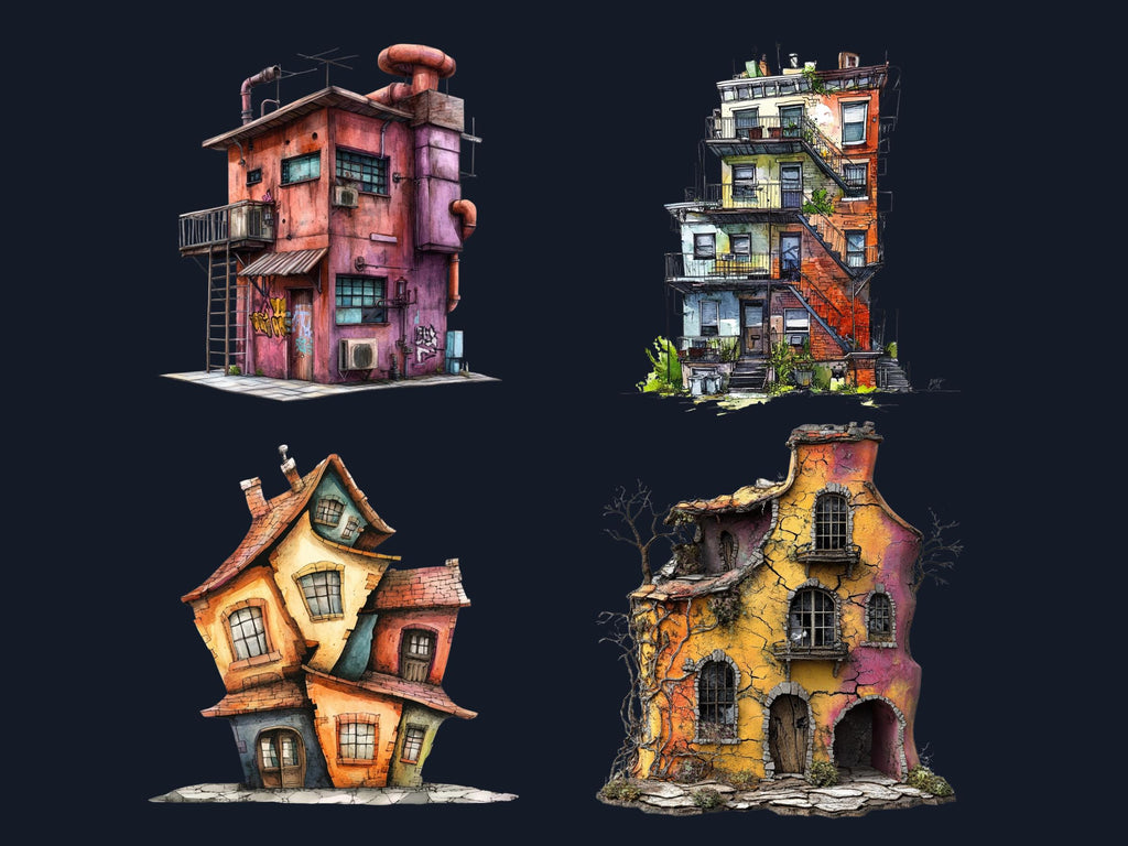 Grunge Houses Clipart | 40 Urban Distressed House PNG | Quirky Home Digital Download