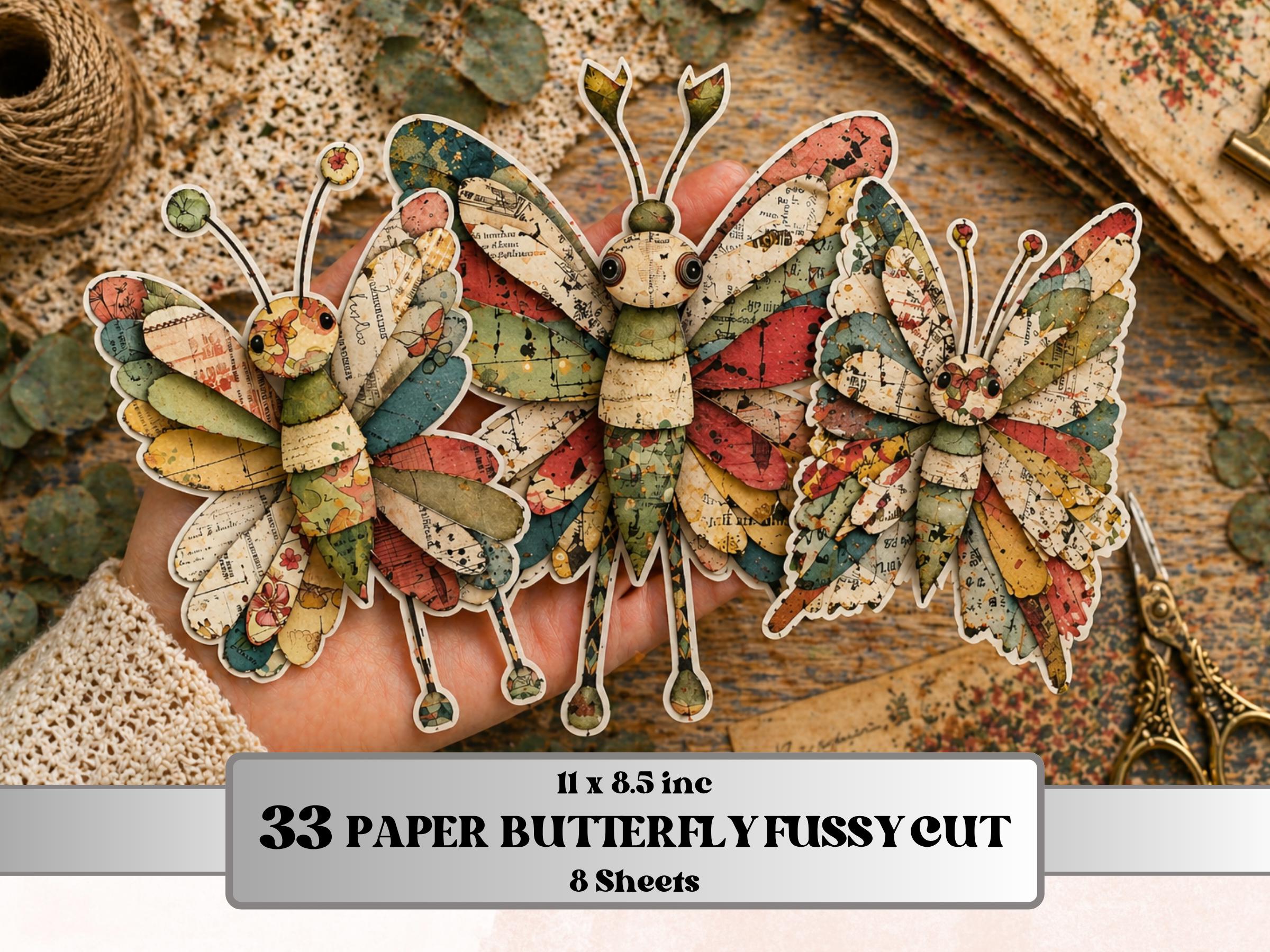 Whimsical Paper Butterfly Fussy Cut Bundle, 33 Butterfly Cutouts, Nature Ephemera Junk Journal Scrapbook Sheets