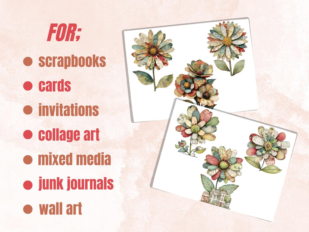 Whimsical Paper Flowers Fussy Cut Bundle, 45 Floral Cutouts, Botanical Ephemera Junk Journal Scrapbook Sheets