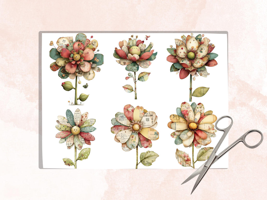 Whimsical Paper Flowers Fussy Cut Bundle, 45 Floral Cutouts, Botanical Ephemera Junk Journal Scrapbook Sheets