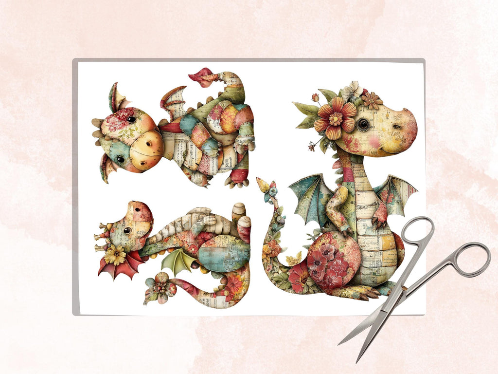 Whimsical Paper Dragons Fussy Cut Bundle, 45 Cute Dragon Cutouts, Fantasy Ephemera Junk Journal Scrapbook Sheets