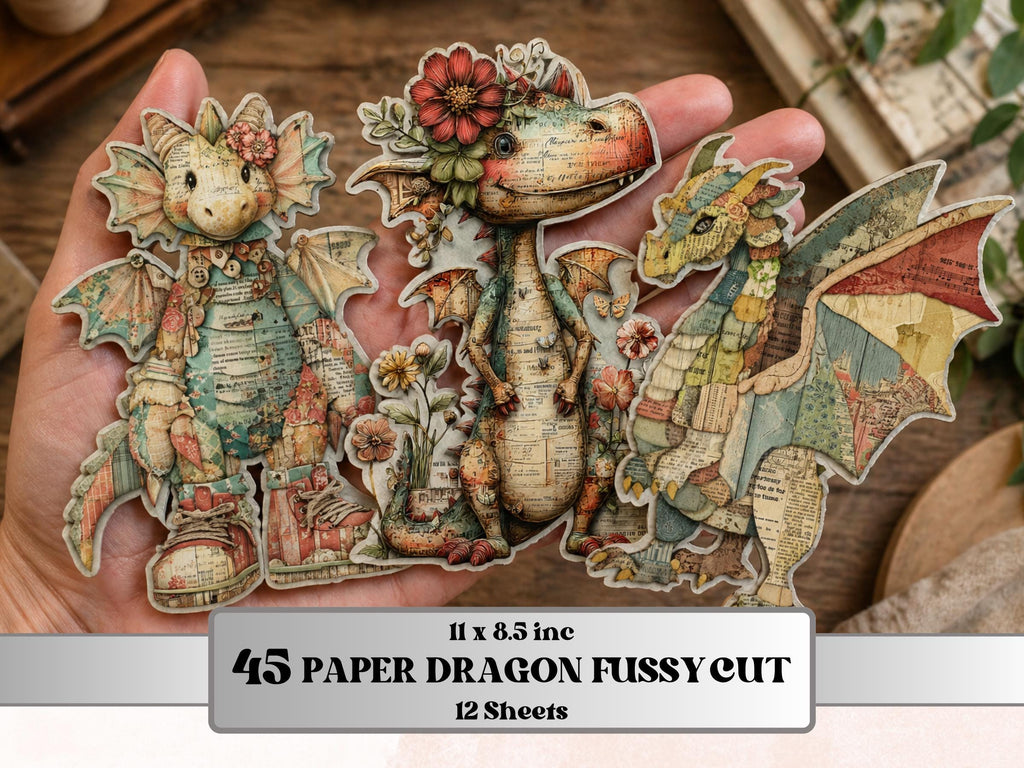Whimsical Paper Dragons Fussy Cut Bundle, 45 Cute Dragon Cutouts, Fantasy Ephemera Junk Journal Scrapbook Sheets