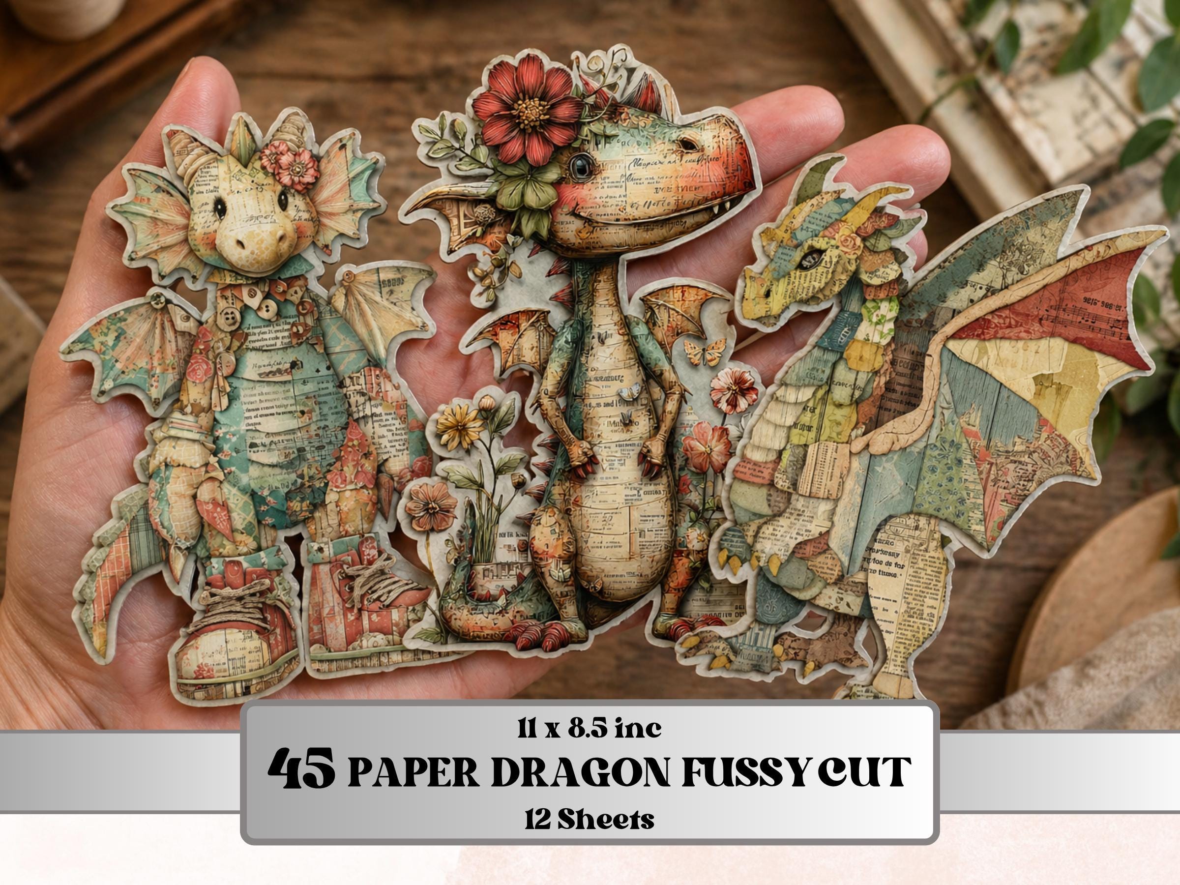 Whimsical Paper Dragons Fussy Cut Bundle, 45 Cute Dragon Cutouts, Fantasy Ephemera Junk Journal Scrapbook Sheets