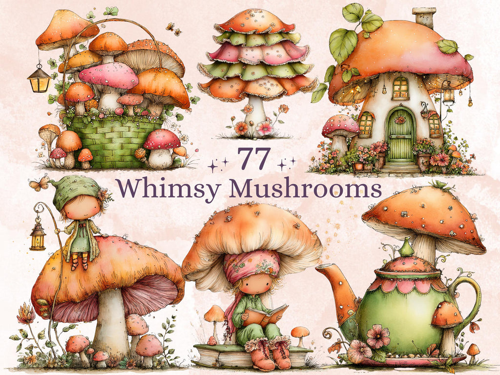 Magical Mushrooms whimsical clipart bundle for fantasy junk journaling