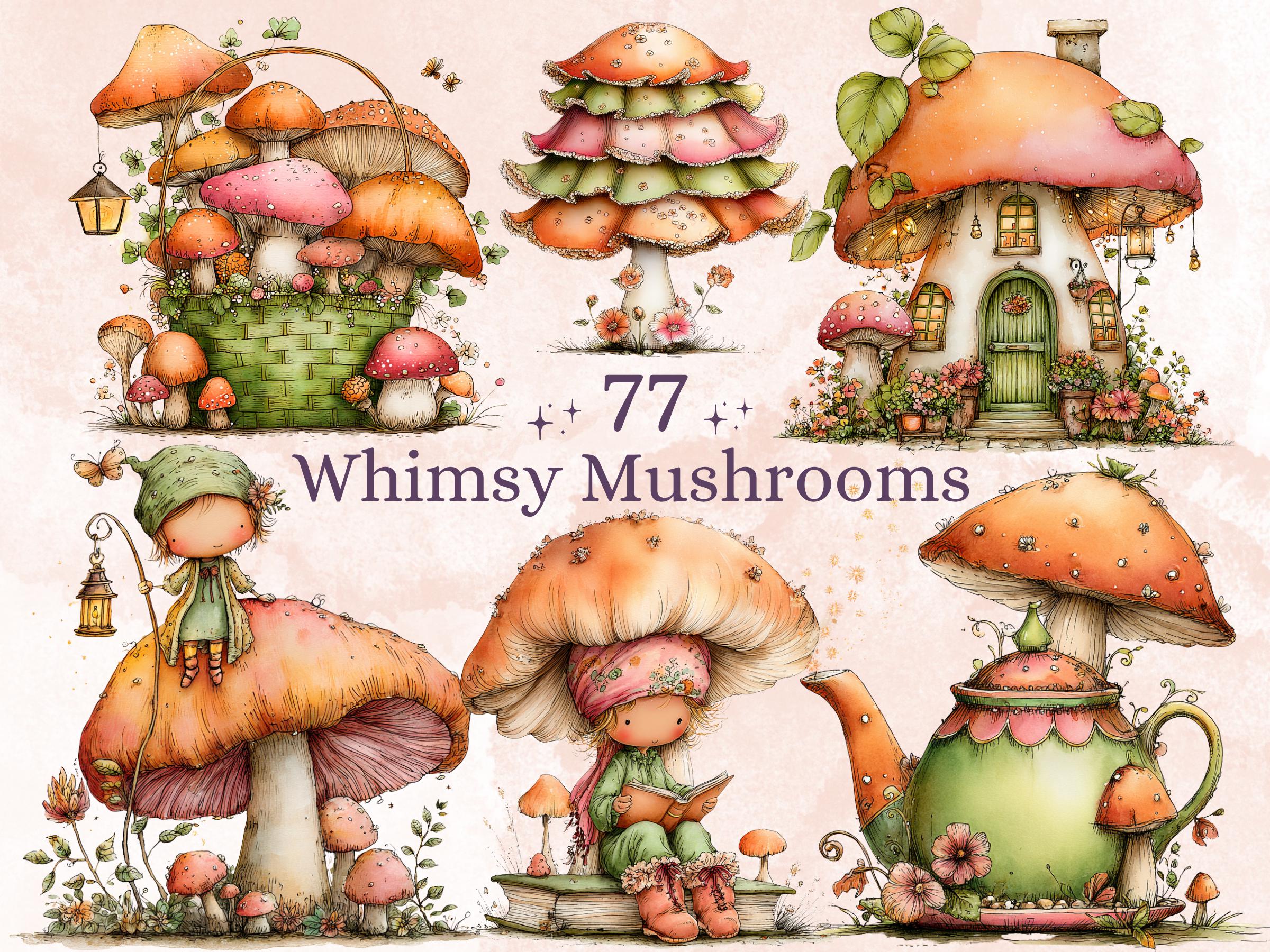 Magical Mushrooms Clipart Bundle | 77 Whimsical Mushroom PNG | Cottagecore Fantasy Download