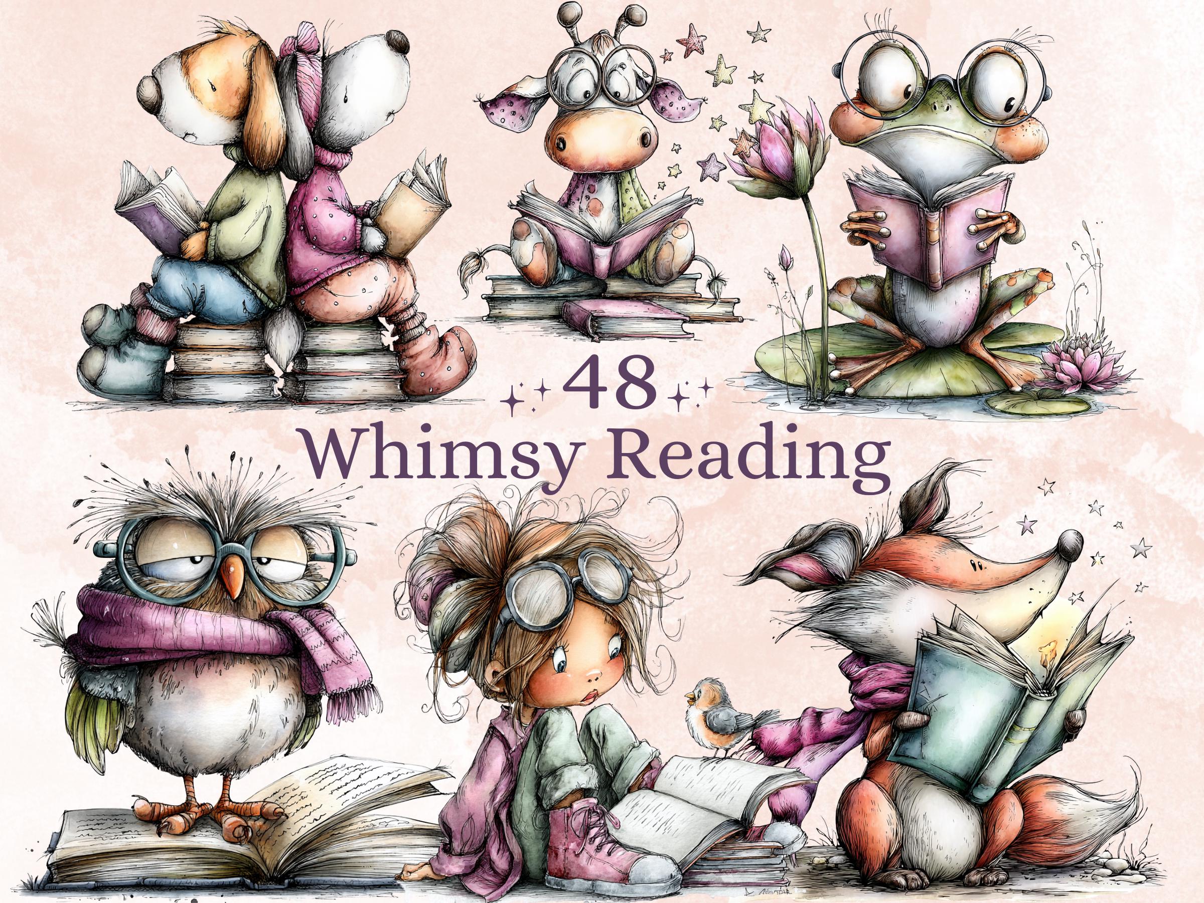 Fantasy Reading Clipart | 48 Whimsical Quirky Reading Animals PNG | Book Lover Digital Download