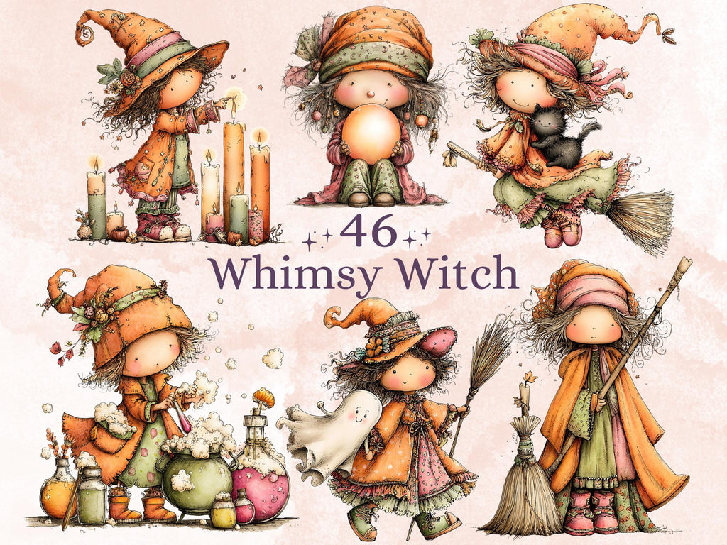 Witch Clipart Bundle | 46 Whimsical Magical Witchy PNG | Fantasy Witch Digital Download