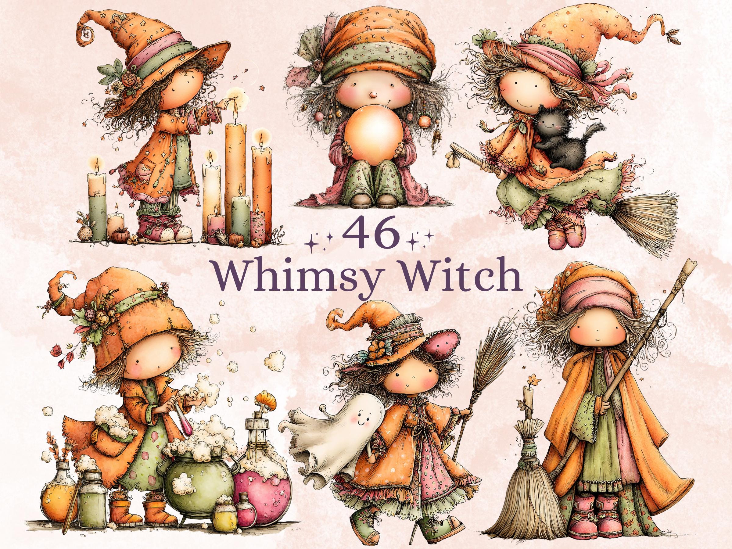 Witch Clipart Bundle | 46 Whimsical Magical Witchy PNG | Fantasy Witch Digital Download