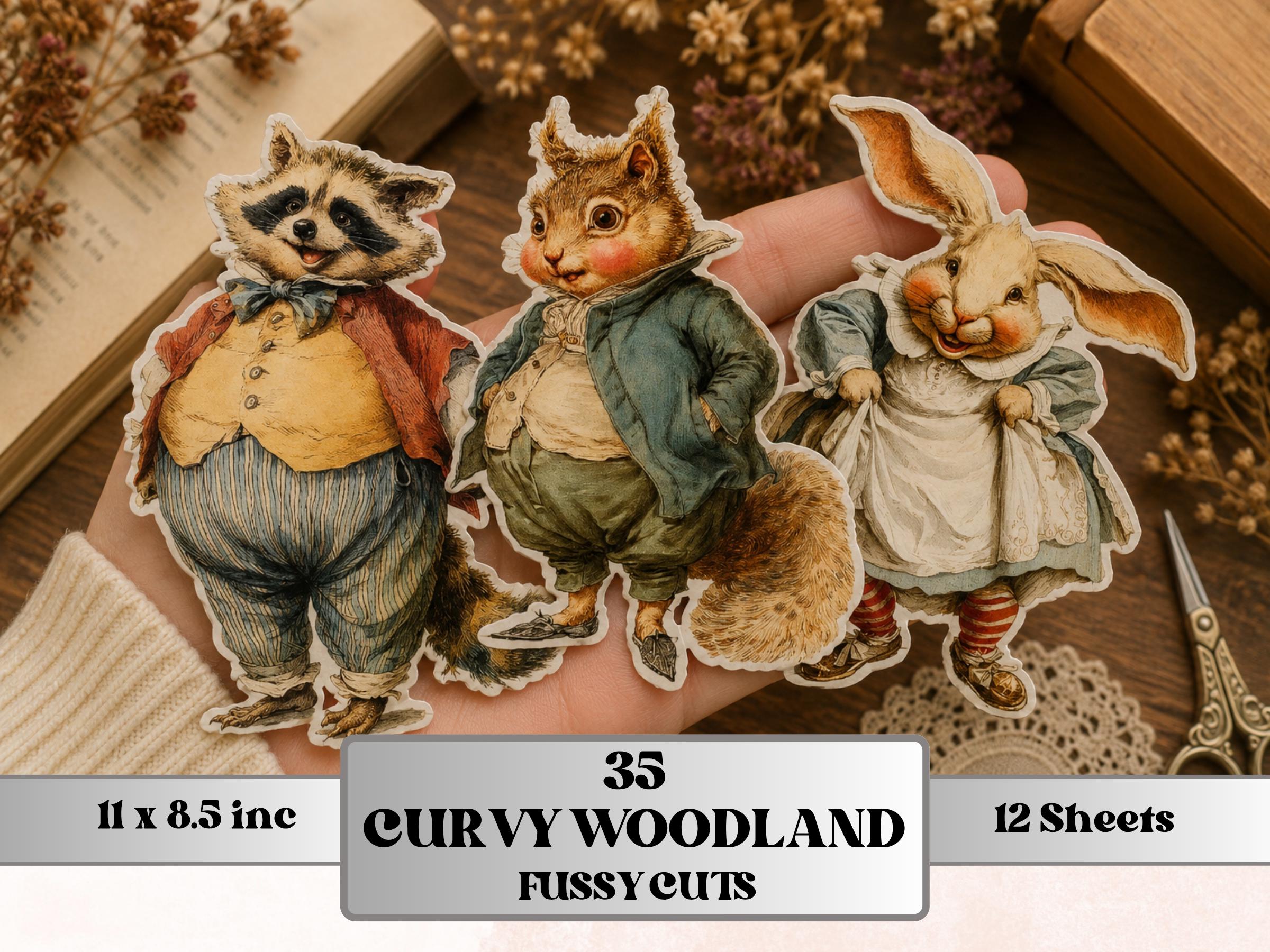 Curvy Woodland Fussy Cut Printable, 35 Quirky Forest Animals Cutouts, Cottagecore Ephemera Junk Journal Scrapbook Sheets