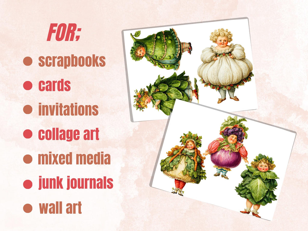 Vegetable Women Fussy Cut Printable, 35 Whimsical Veggie Girl Cutouts, Quirky Ephemera Junk Journal Scrapbook Sheets