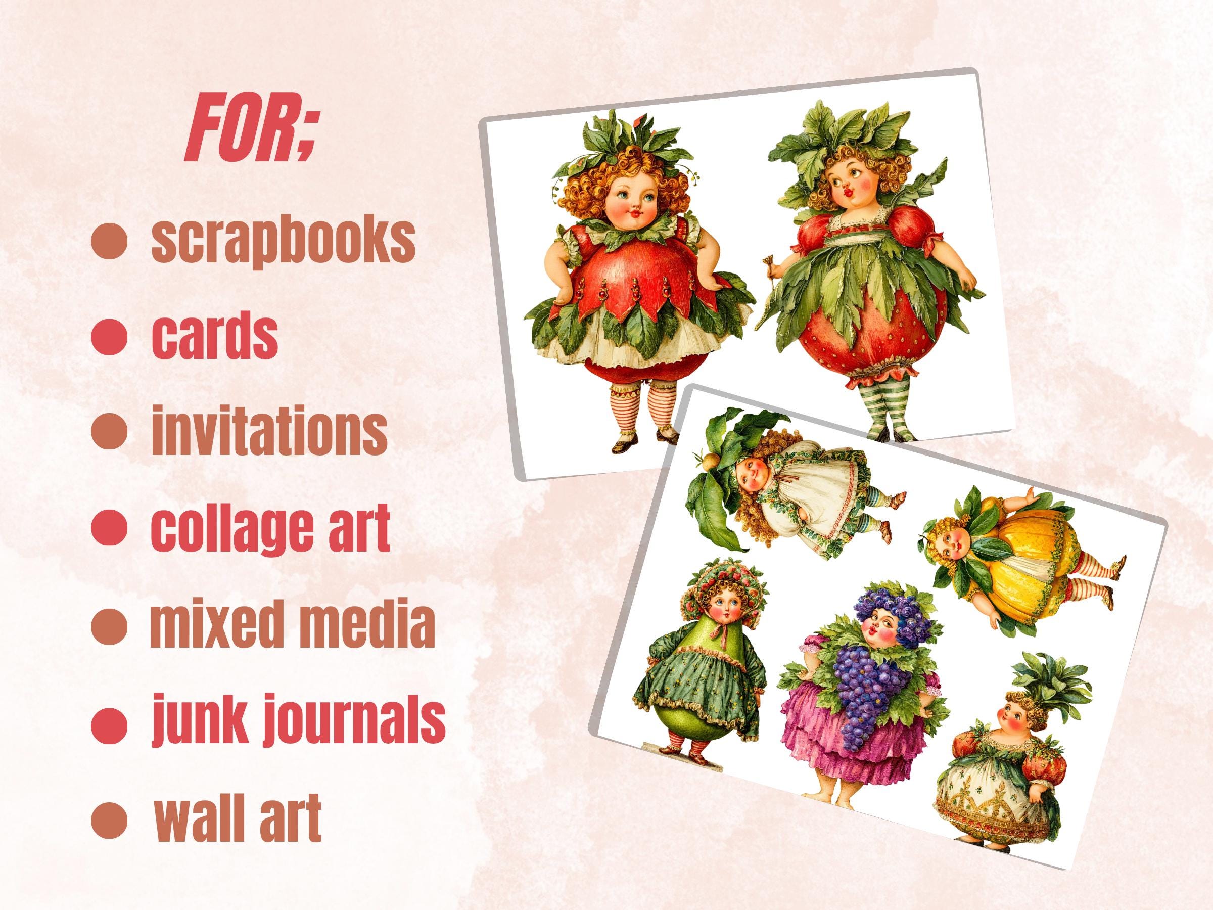 Fruit Women Fussy Cut Printable, 35 Whimsical Fruit Girl Cutouts, Quirky Ephemera Junk Journal Scrapbook Sheets
