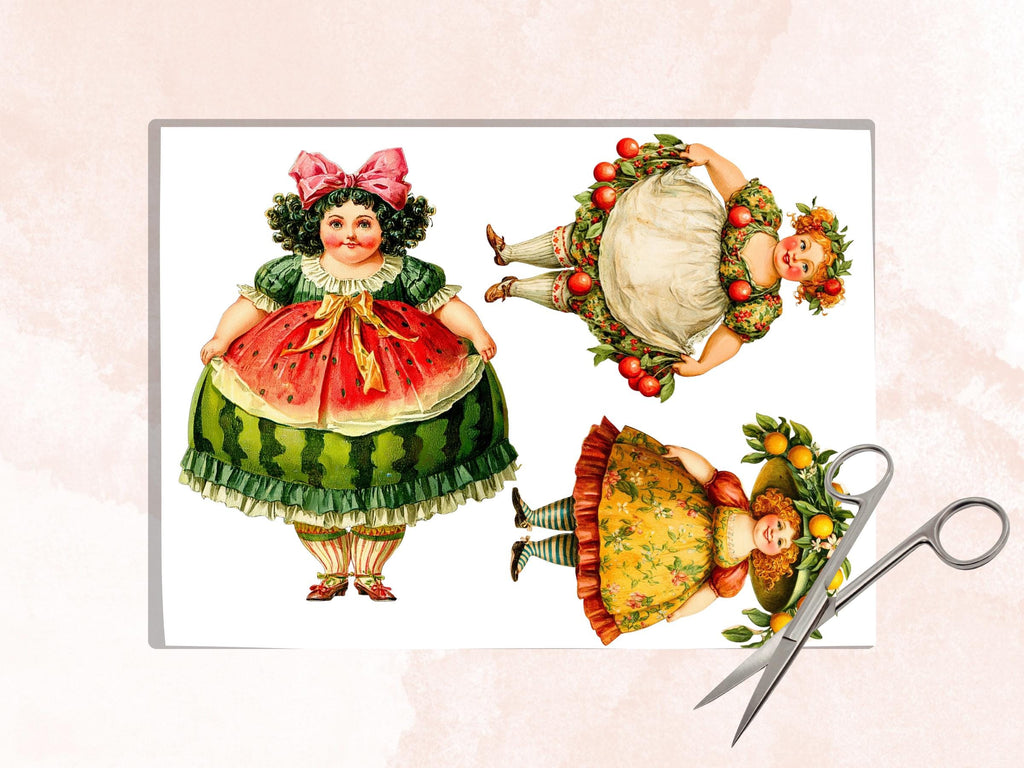 Fruit Women Fussy Cut Printable, 35 Whimsical Fruit Girl Cutouts, Quirky Ephemera Junk Journal Scrapbook Sheets