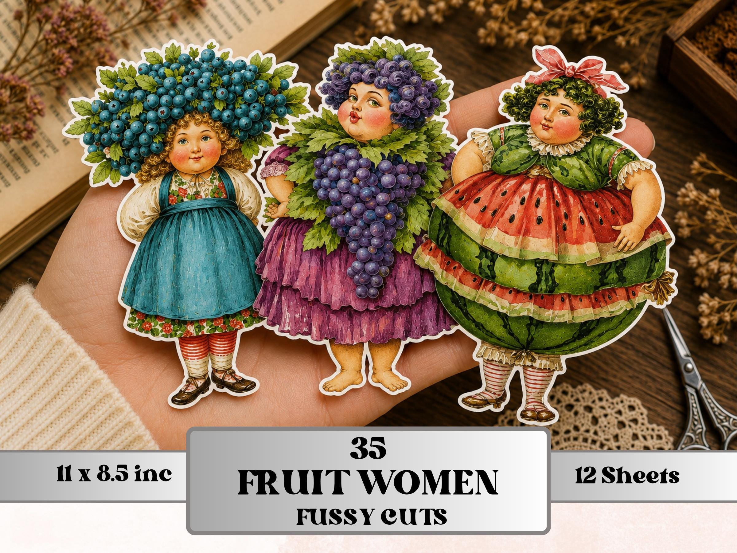 Fruit Women Fussy Cut Printable, 35 Whimsical Fruit Girl Cutouts, Quirky Ephemera Junk Journal Scrapbook Sheets
