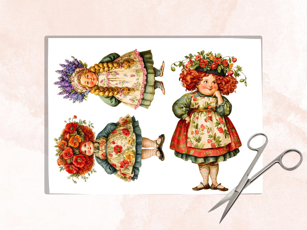 Flower Women Fussy Cut Printable, 35 Whimsical Floral Girl Cutouts, Botanical Ephemera Junk Journal Scrapbook Sheets