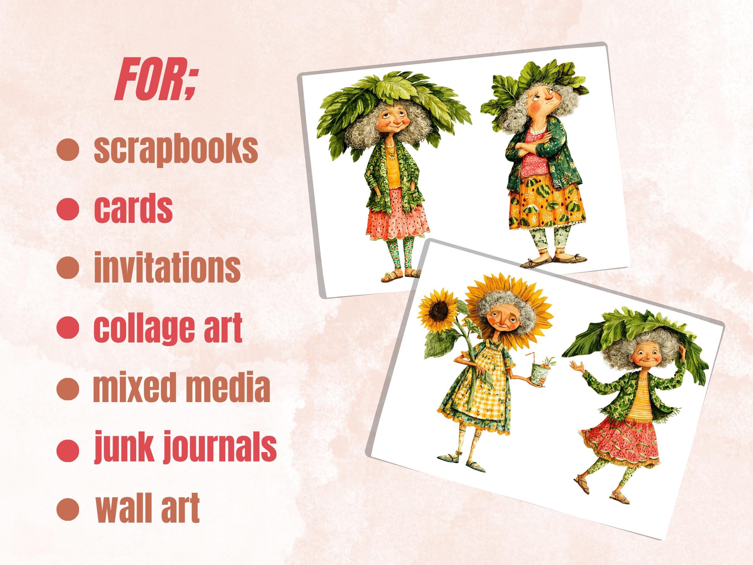 Summer Grandmas Fussy Cut Printable, 35 Whimsical Grandma Cutouts, Beach Ephemera Junk Journal Scrapbook Sheets