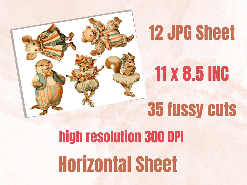 Circus Cuties Fussy Cut Printable, 35 Whimsical Circus Animals Cutouts, Carnival Ephemera Junk Journal Scrapbook Sheets
