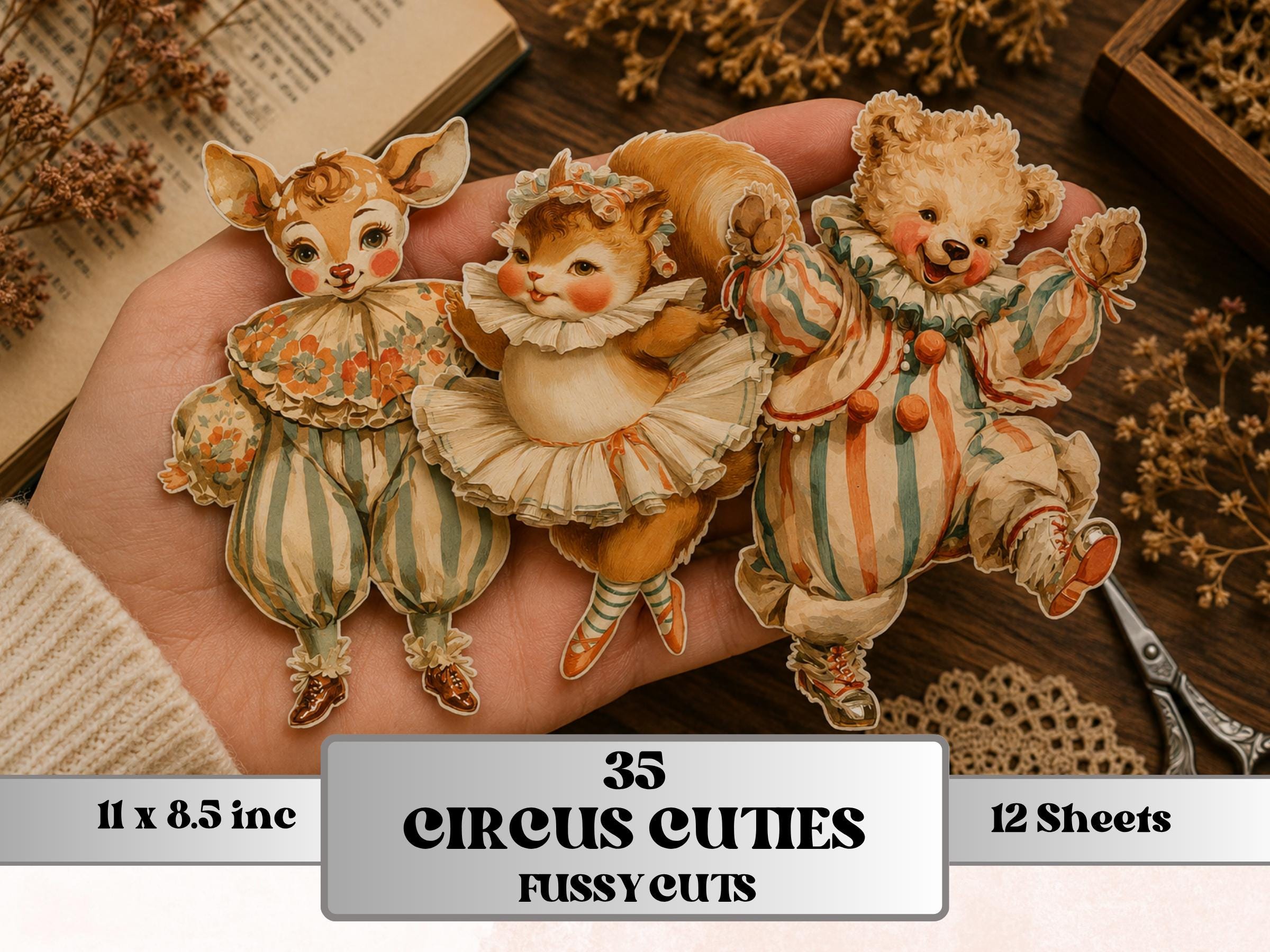 Circus Cuties Fussy Cut Printable, 35 Whimsical Circus Animals Cutouts, Carnival Ephemera Junk Journal Scrapbook Sheets