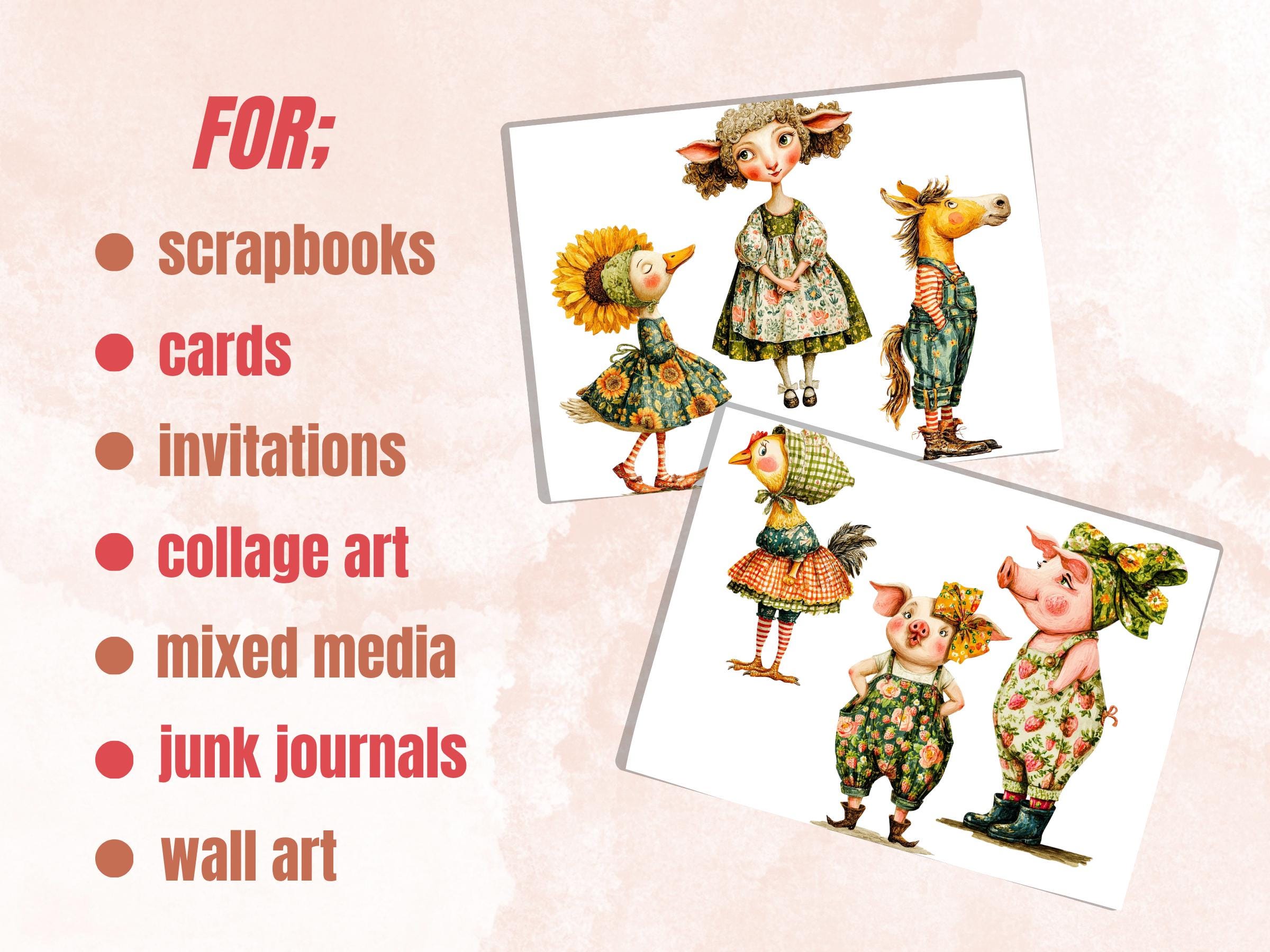 Quirky Farm Fussy Cut Printable, 35 Whimsical Farm Animals Cutouts, Country Ephemera Junk Journal Scrapbook Sheets