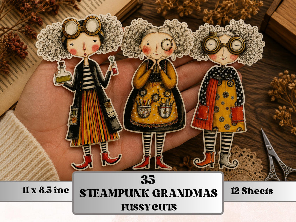 Steampunk Grandmas Fussy Cut Printable, 35 Whimsical Vintage Grandma Cutouts, Gothic Ephemera Junk Journal Scrapbook Sheets
