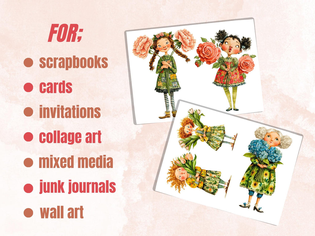 Quirky Girls with Flowers Fussy Cut Printable, 35 Floral Girl Cutouts, Botanical Ephemera Junk Journal Scrapbook Sheets