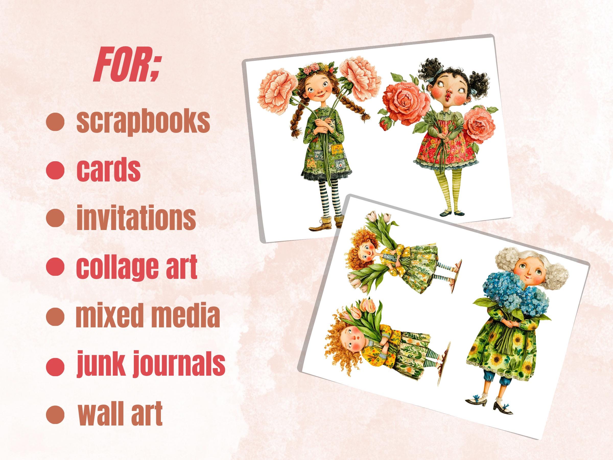 Quirky Girls with Flowers Fussy Cut Printable, 35 Floral Girl Cutouts, Botanical Ephemera Junk Journal Scrapbook Sheets