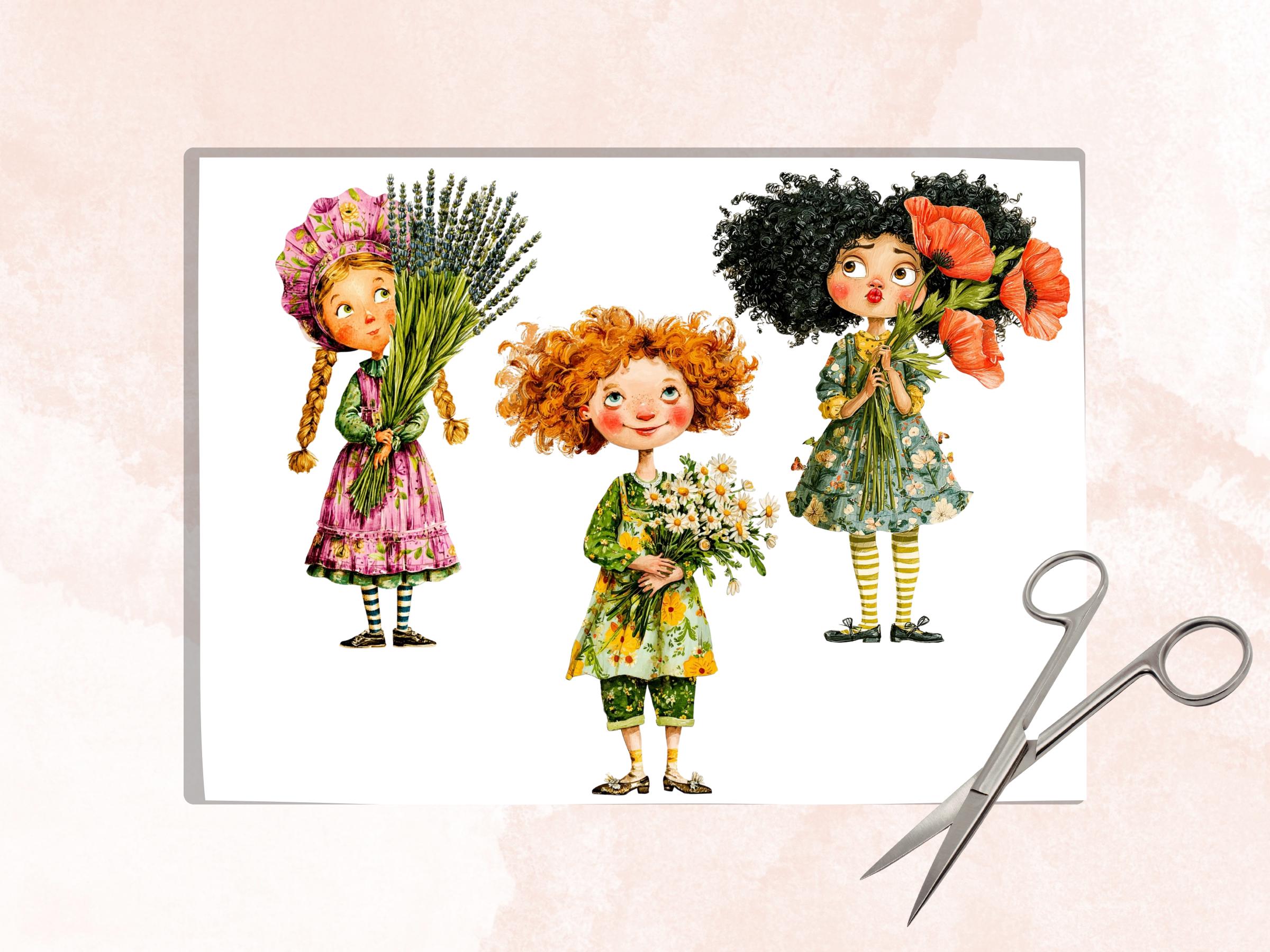 Quirky Girls with Flowers Fussy Cut Printable, 35 Floral Girl Cutouts, Botanical Ephemera Junk Journal Scrapbook Sheets