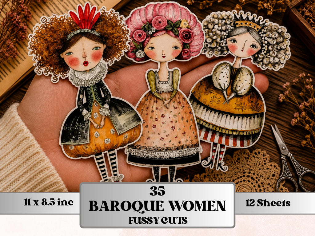 Baroque Woman Fussy Cut Printable, 35 Quirky Vintage Girl Cutouts, Rococo Ephemera Junk Journal Scrapbook Sheets