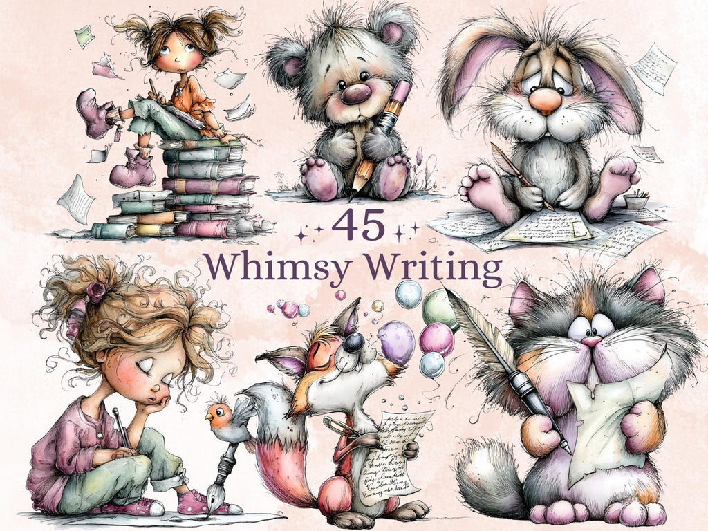 Whimsy Writing Clipart Bundle | 45 Whimsical Quirky Writing PNG | Writer Gift Digital Download