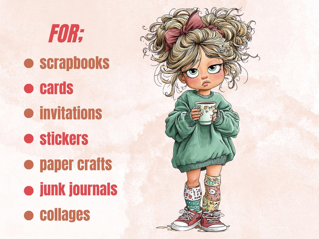 Whimsy Messy Girl Clipart Bundle | 45 Whimsical Quirky Woman PNG | Funny Girl Digital Download