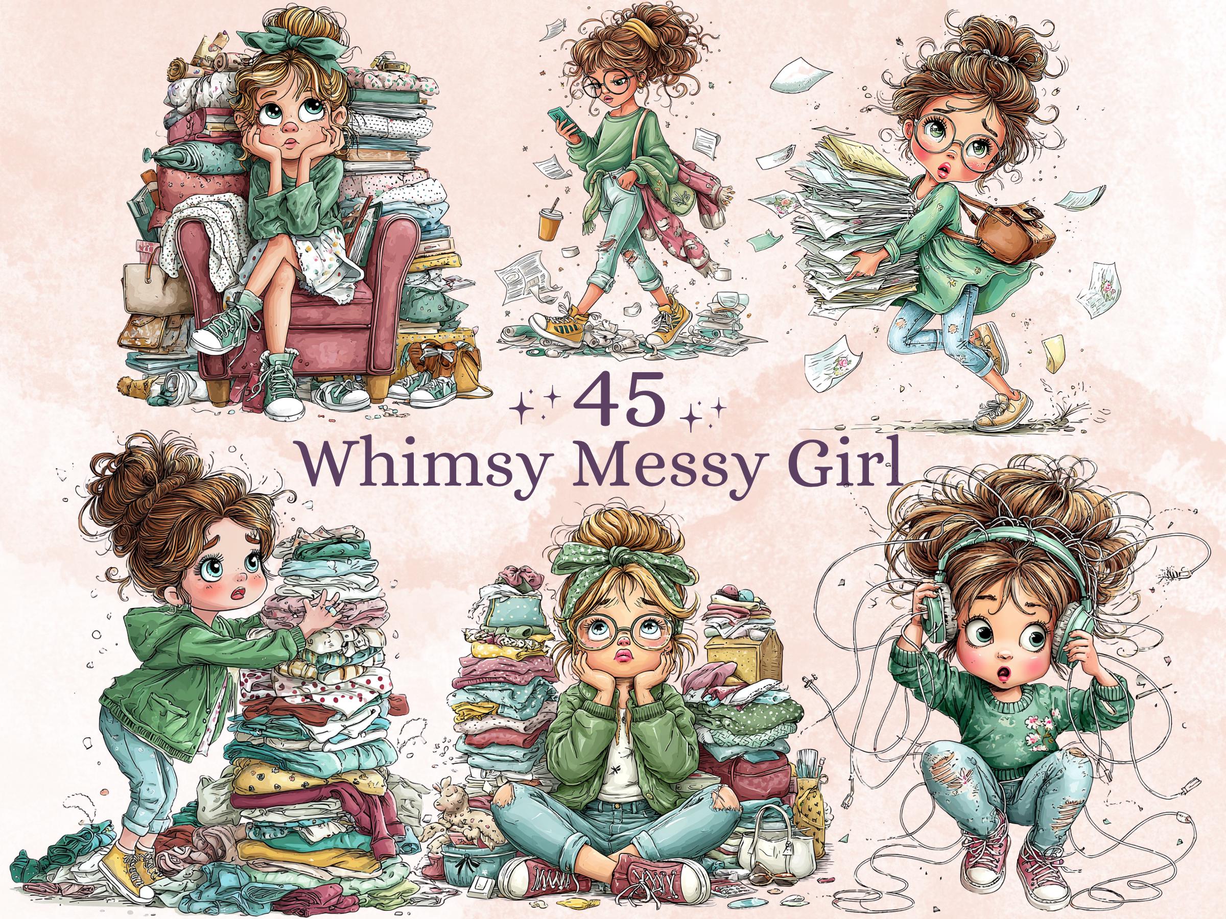 Whimsy Messy Girl Clipart Bundle | 45 Whimsical Quirky Woman PNG | Funny Girl Digital Download