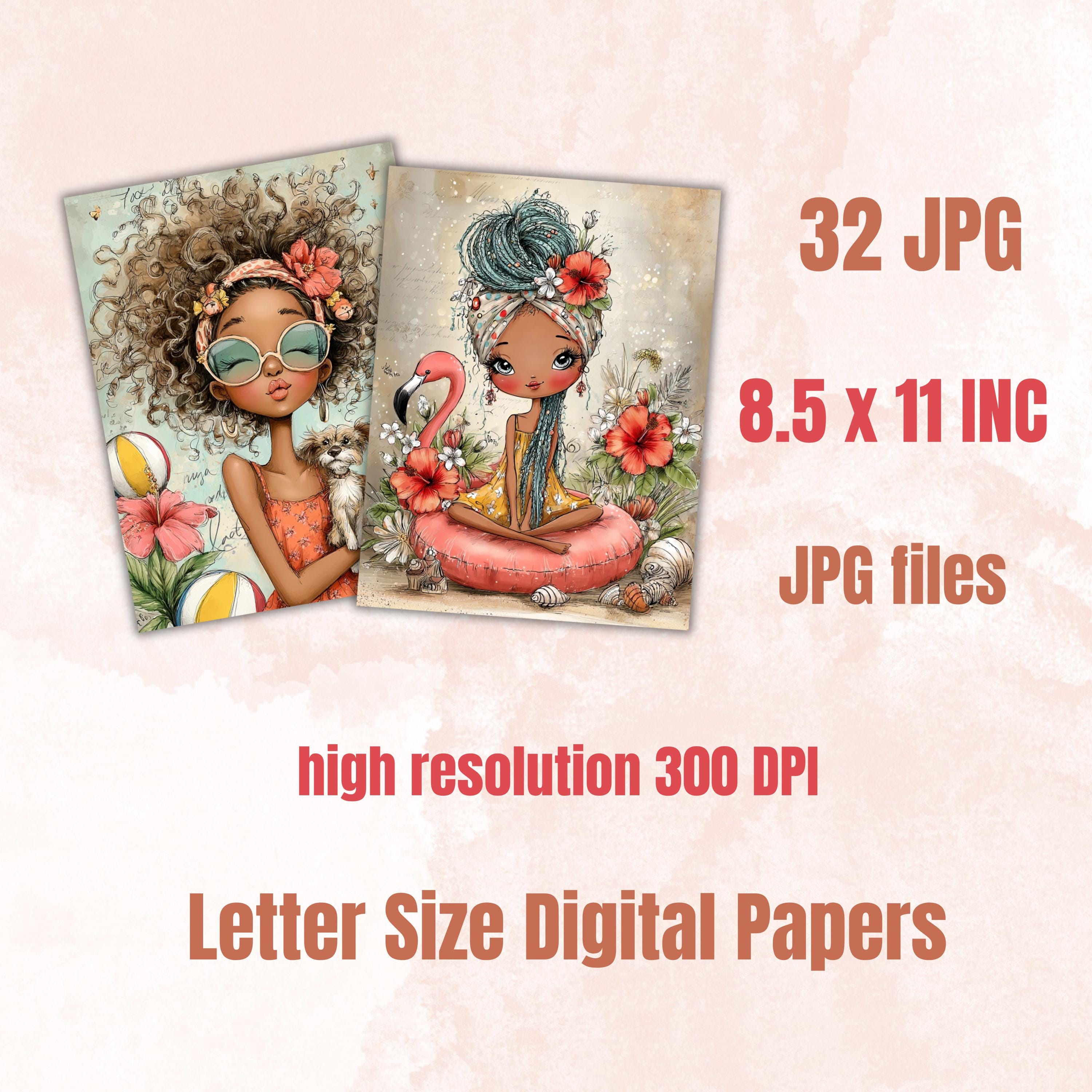 Whimsical Summer Girls Digital Paper | Boho Junk Journal Scrapbook Printable Pack, 32 Sheets Letter Size Instant Download