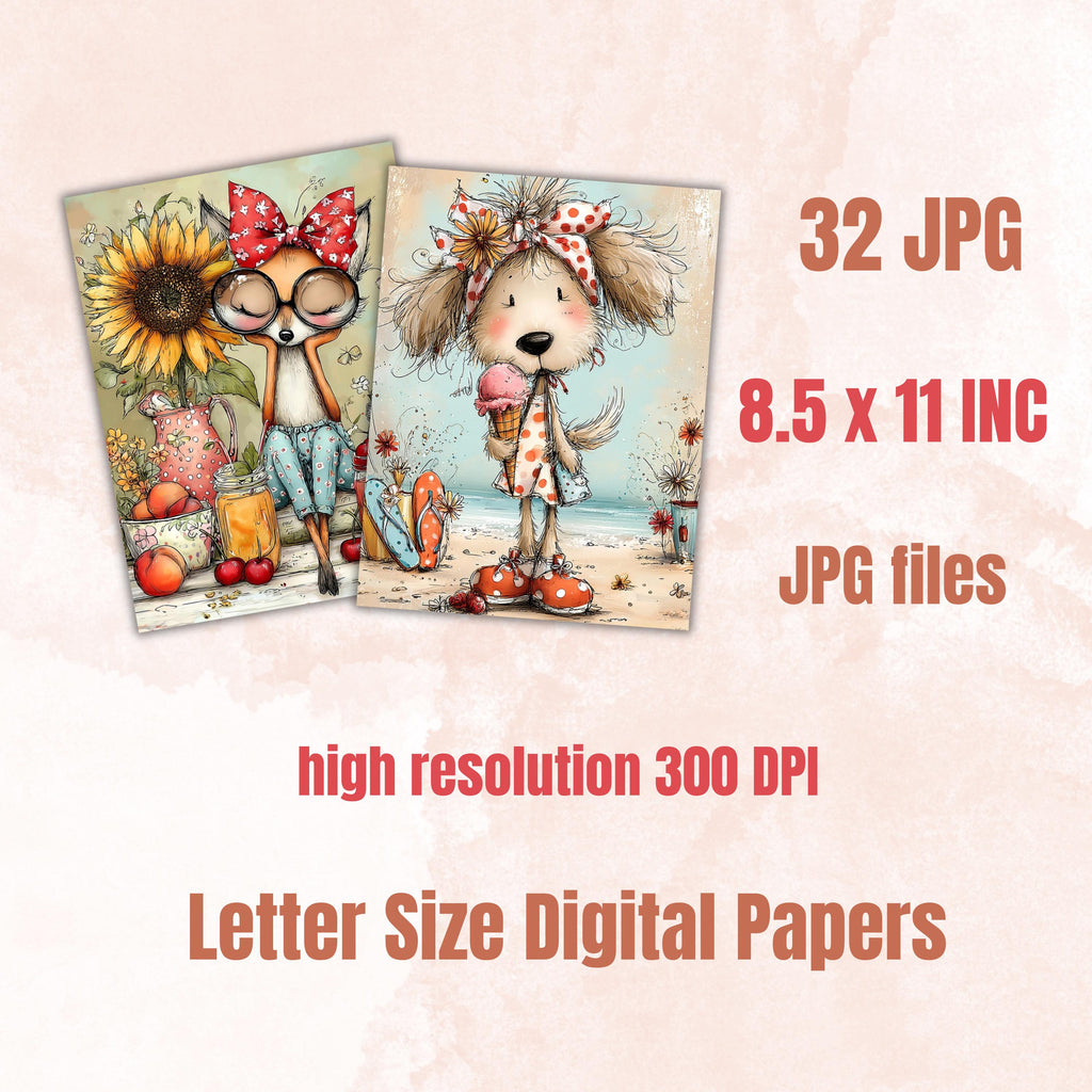 Quirky Summer Animals Digital Paper Pack | Whimsical Wildlife Junk Journal Scrapbook Printable, 32 Sheets Letter Size Instant Download