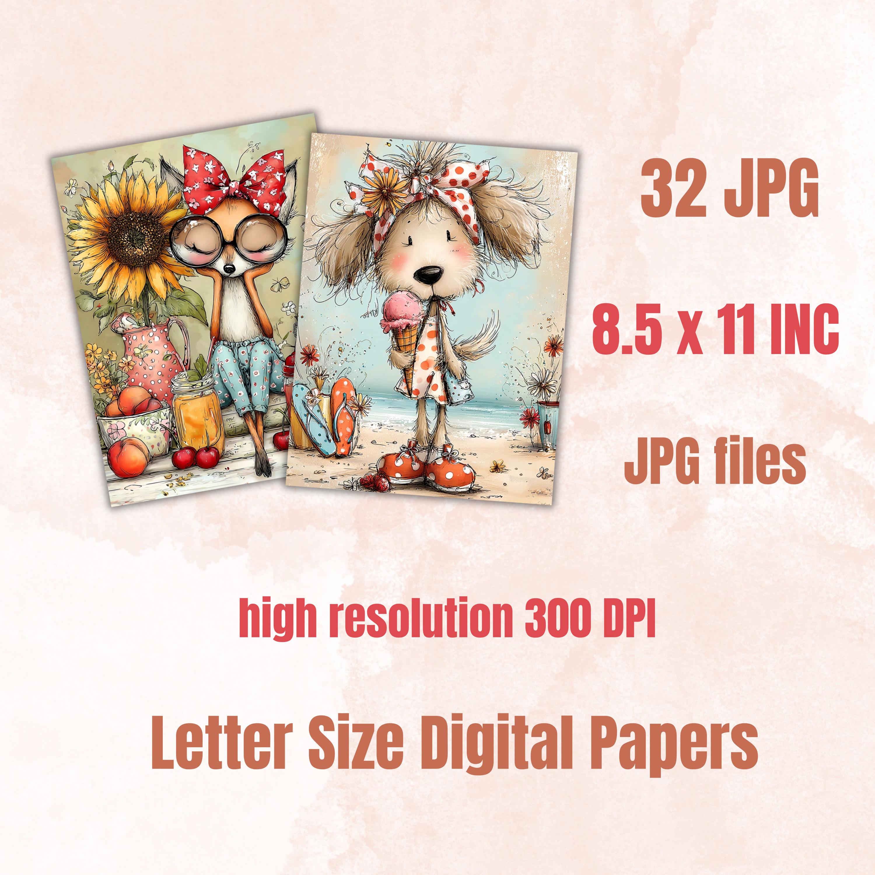 Quirky Summer Animals Digital Paper Pack | Whimsical Wildlife Junk Journal Scrapbook Printable, 32 Sheets Letter Size Instant Download