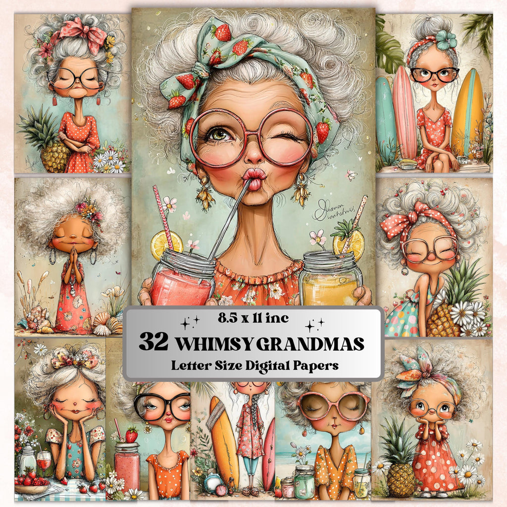 Whimsy Grandmas Digital Paper Pack | Quirky Funny Old Lady Junk Journal Scrapbook Printable, 32 Sheets Letter Size Instant Download