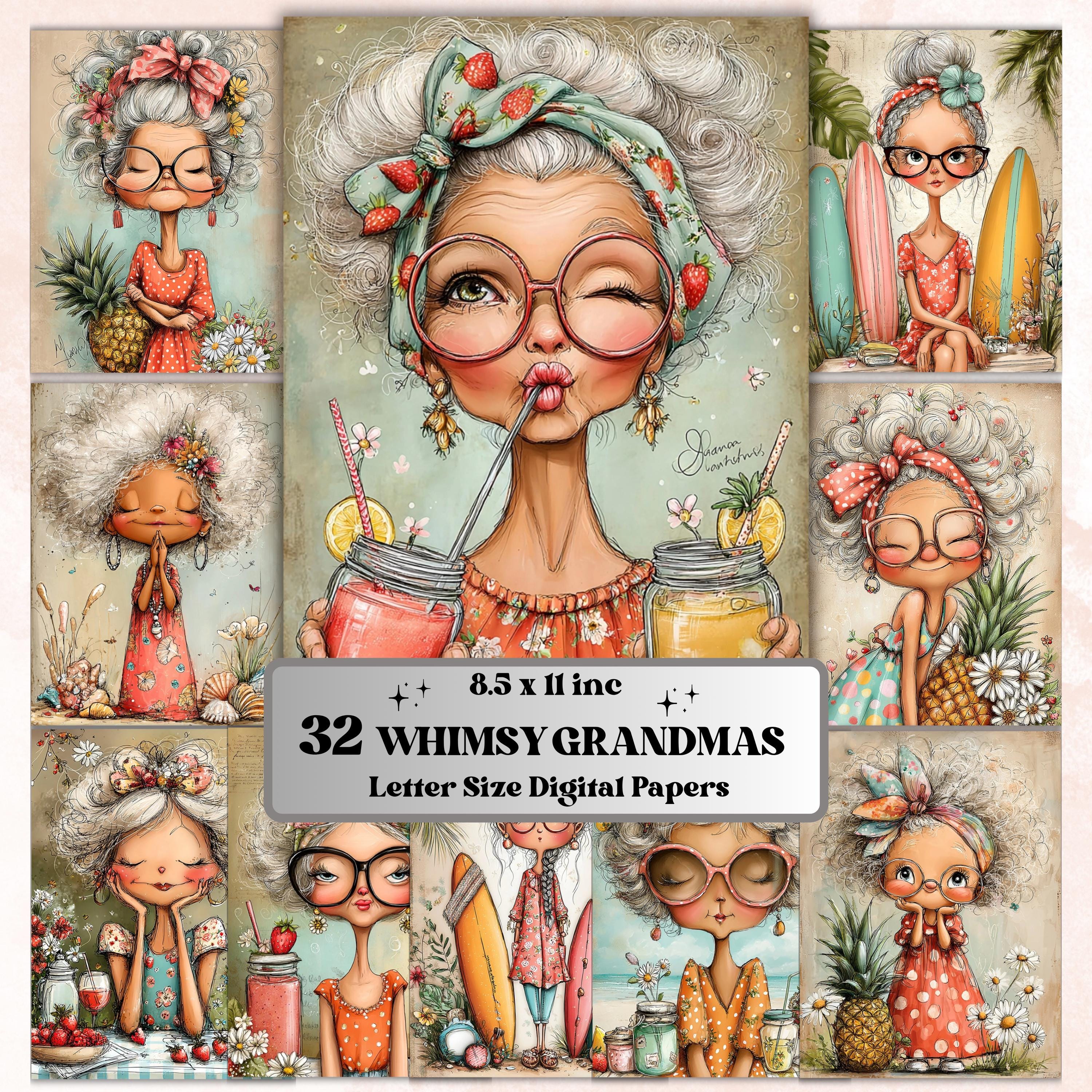 Whimsy Grandmas Digital Paper Pack | Quirky Funny Old Lady Junk Journal Scrapbook Printable, 32 Sheets Letter Size Instant Download