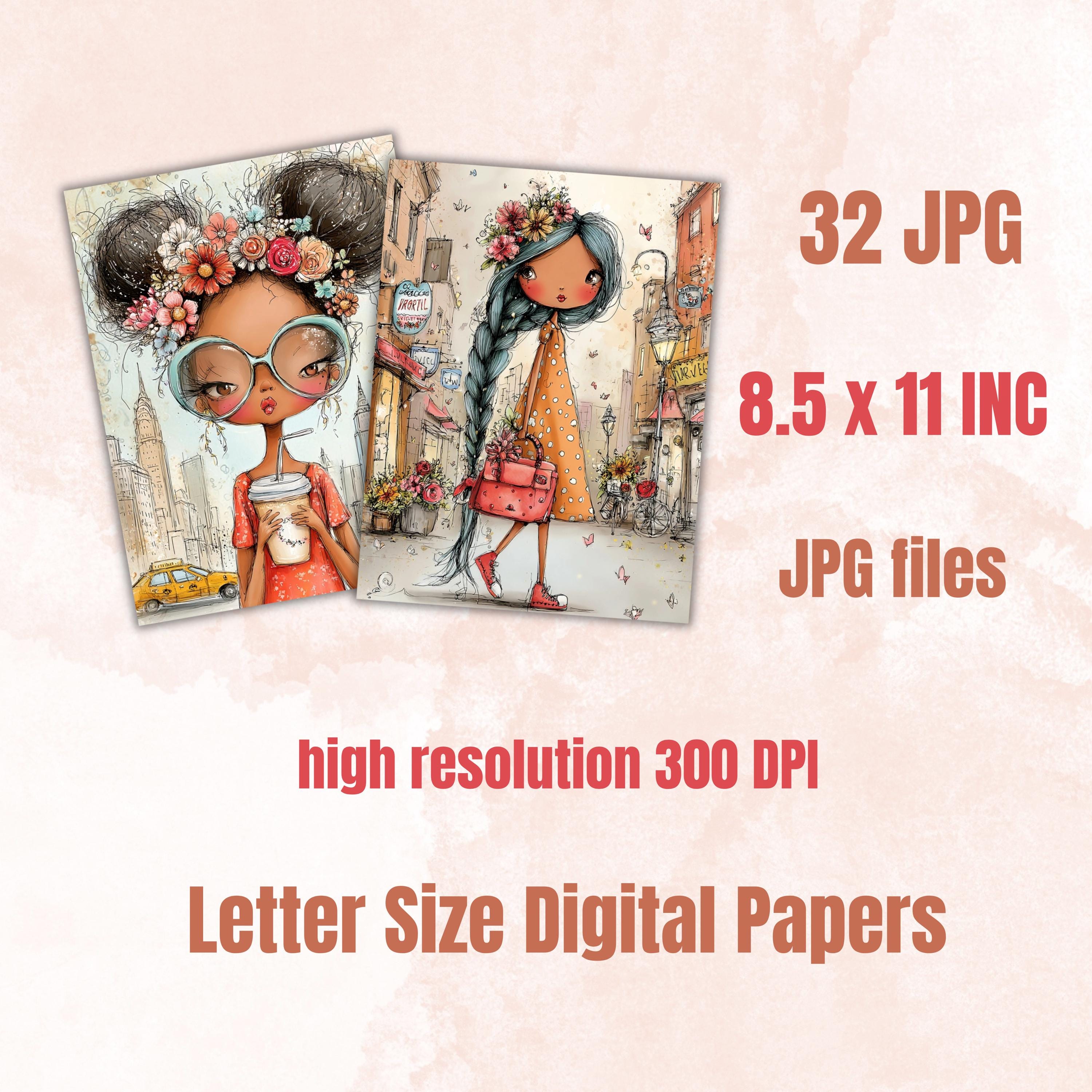 Quirky City Girls Digital Paper Pack | Whimsy Urban Fashion Women Junk Journal Scrapbook Printable, 32 Sheets Letter Size Instant Download