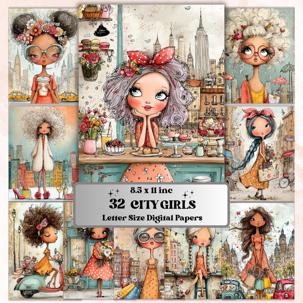 Quirky City Girls Digital Paper Pack | Whimsy Urban Fashion Women Junk Journal Scrapbook Printable, 32 Sheets Letter Size Instant Download