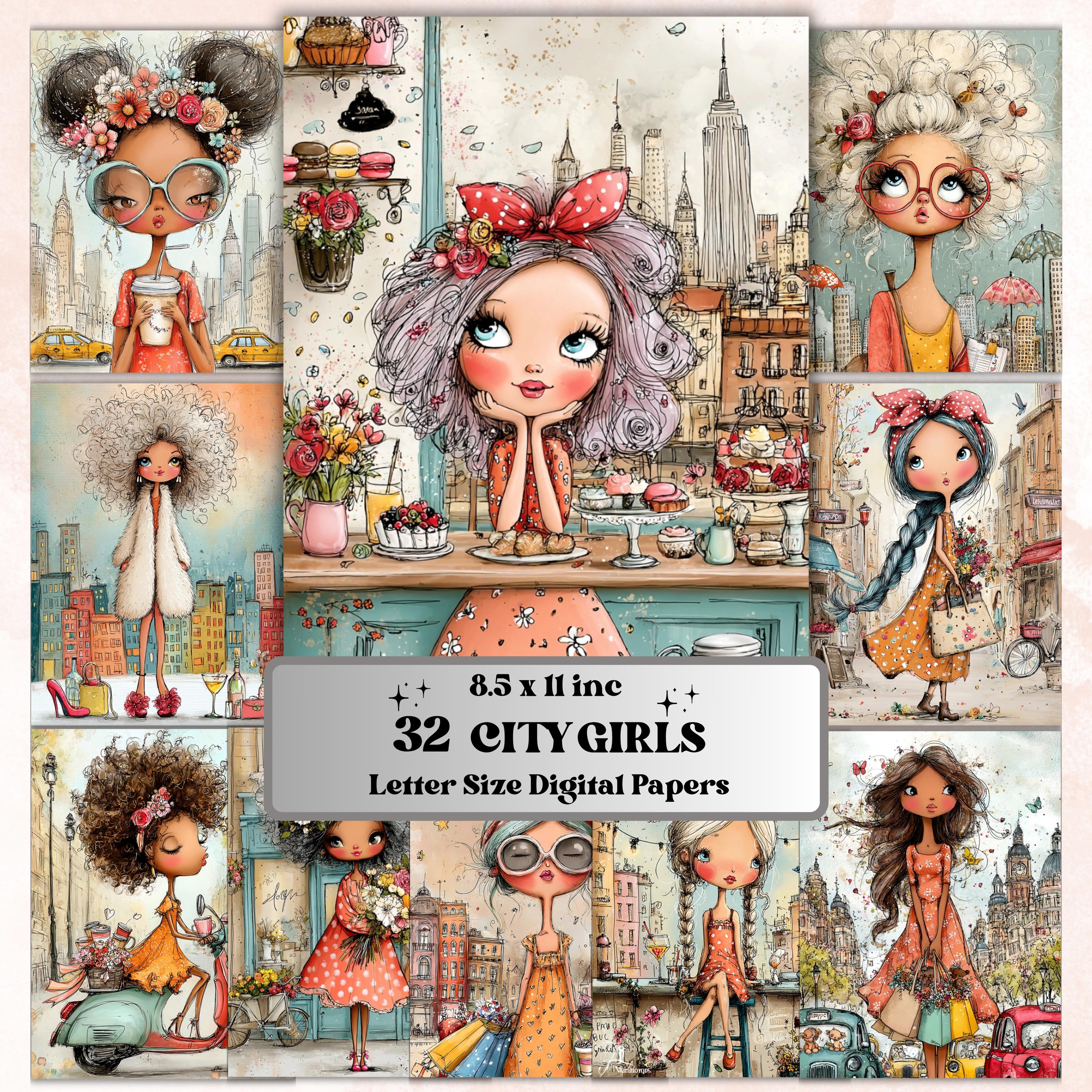 Quirky City Girls Digital Paper Pack | Whimsy Urban Fashion Women Junk Journal Scrapbook Printable, 32 Sheets Letter Size Instant Download