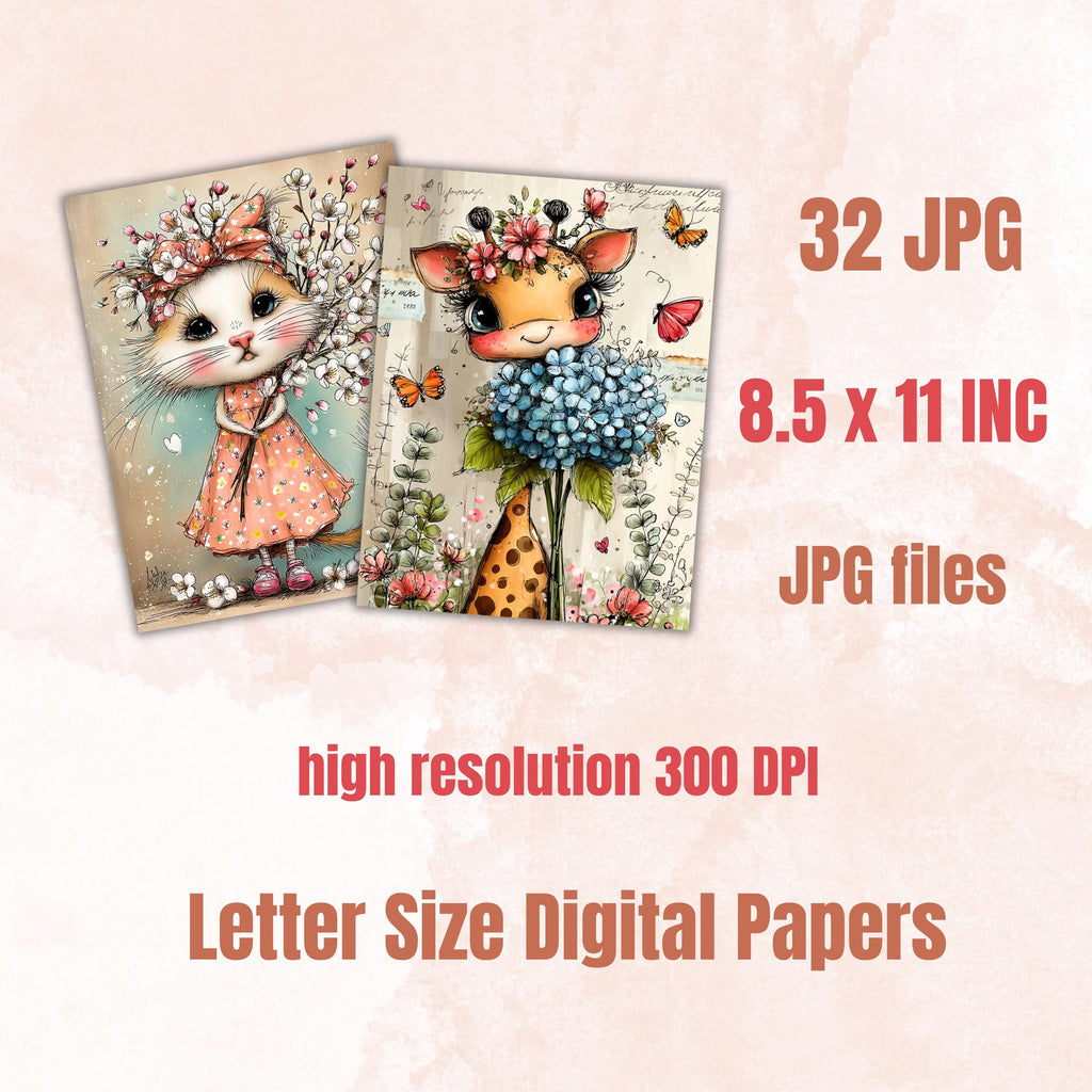 Whimsical Floral Cuties Digital Paper Pack | Quirky Animals Flowers Junk Journal Scrapbook Printable, 32 Sheets Letter Size Instant Download