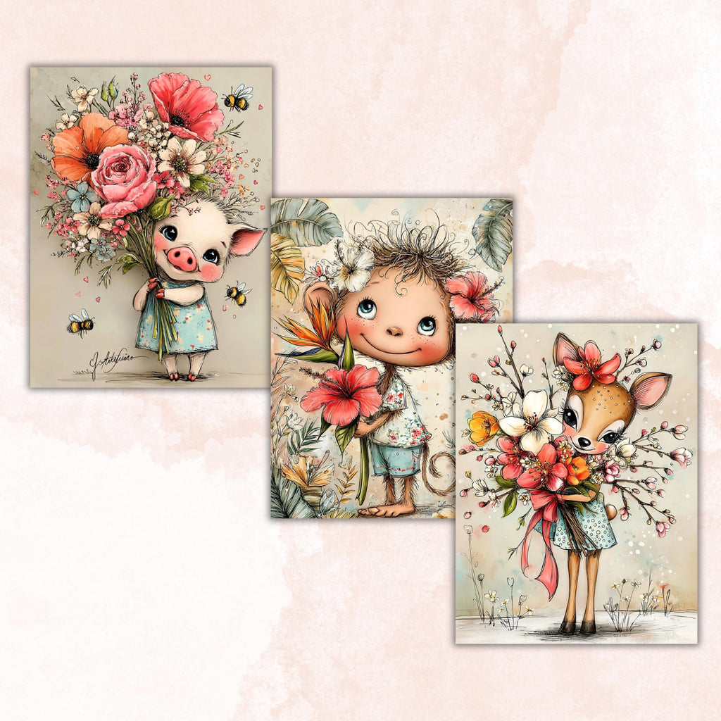 Whimsical Floral Cuties Digital Paper Pack | Quirky Animals Flowers Junk Journal Scrapbook Printable, 32 Sheets Letter Size Instant Download