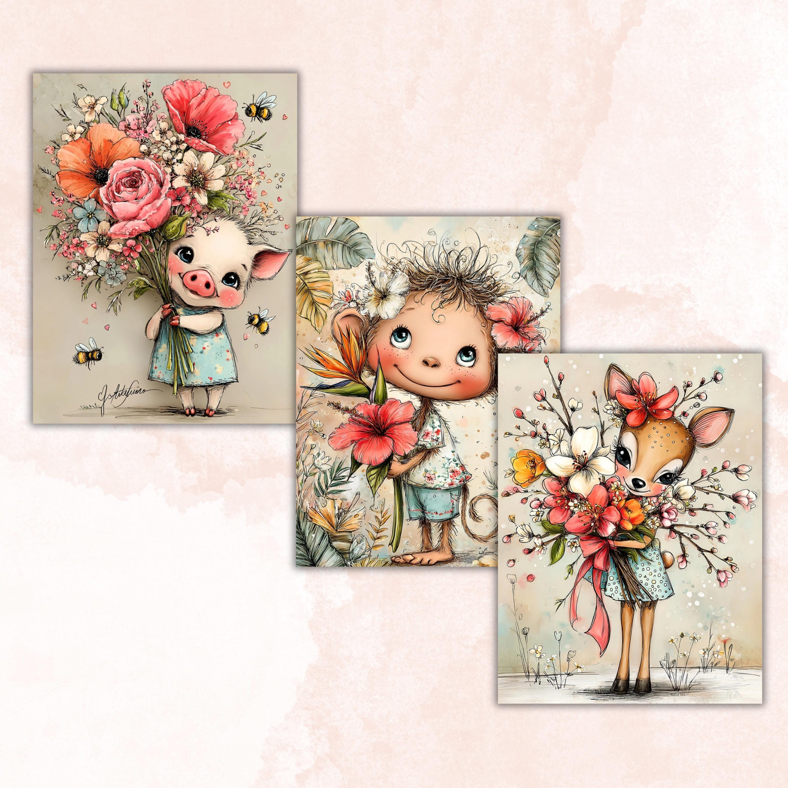 Whimsical Floral Cuties Digital Paper Pack | Quirky Animals Flowers Junk Journal Scrapbook Printable, 32 Sheets Letter Size Instant Download