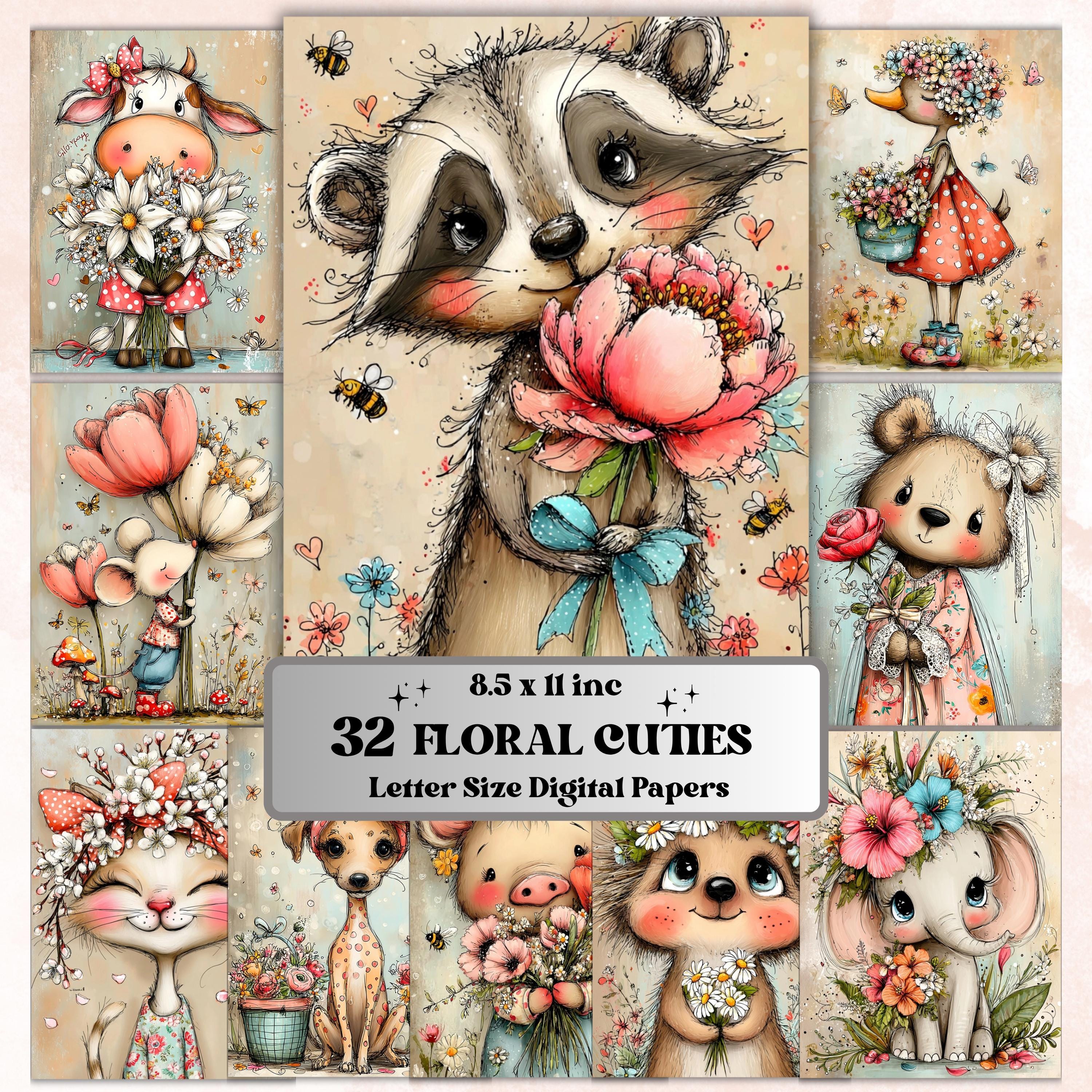 Whimsical Floral Cuties Digital Paper Pack | Quirky Animals Flowers Junk Journal Scrapbook Printable, 32 Sheets Letter Size Instant Download