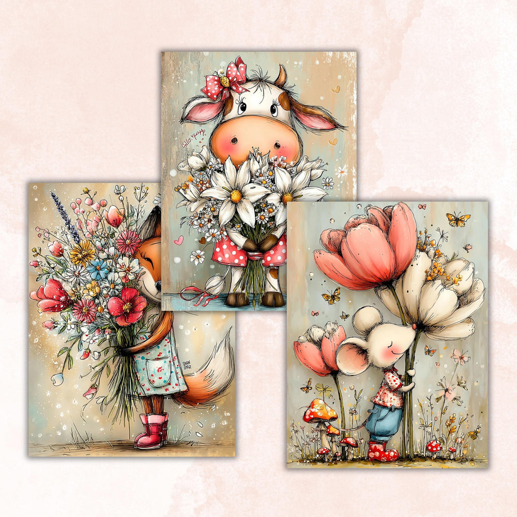 Whimsical Floral Cuties Digital Paper Pack | Quirky Animals Flowers Junk Journal Scrapbook Printable, 32 Sheets Letter Size Instant Download