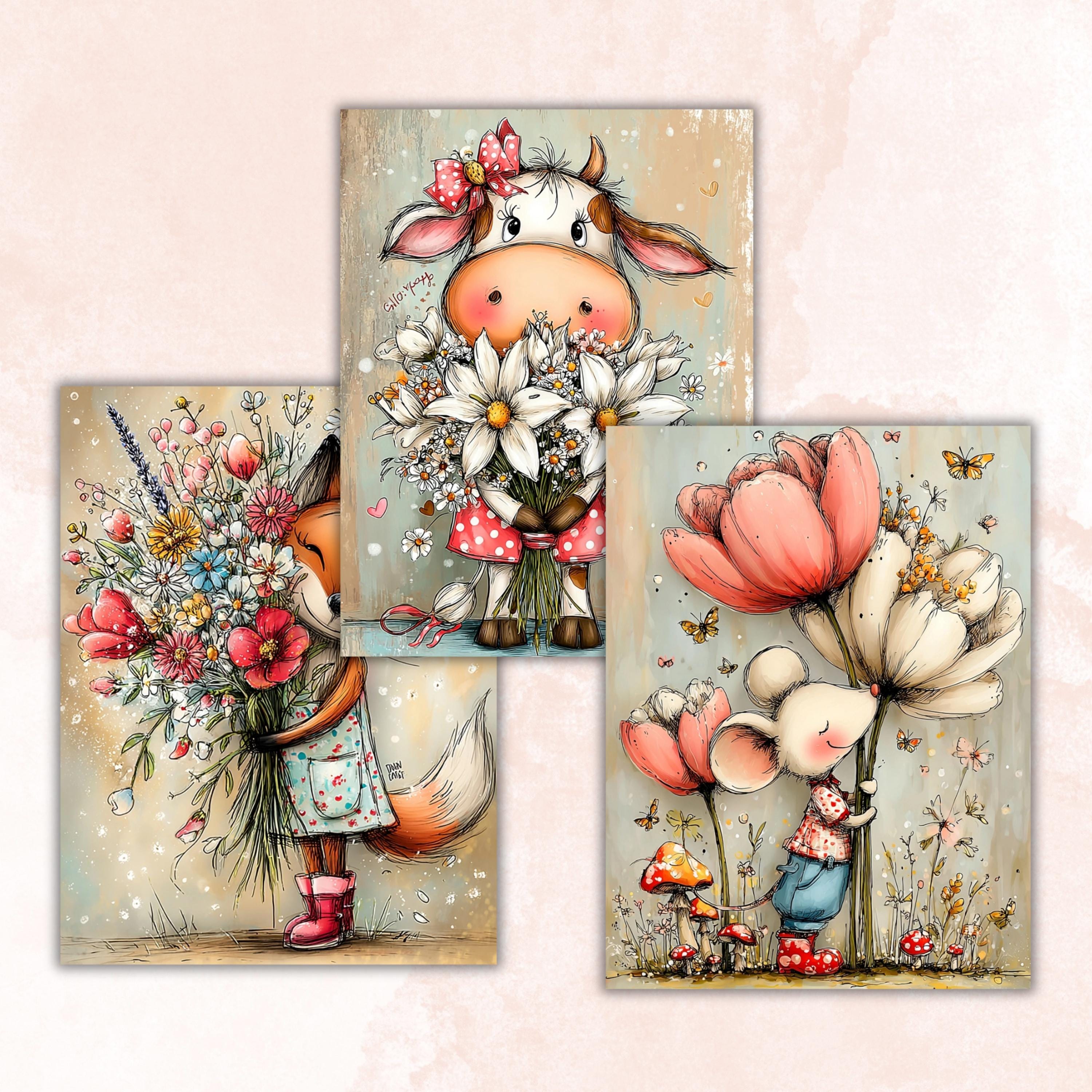 Whimsical Floral Cuties Digital Paper Pack | Quirky Animals Flowers Junk Journal Scrapbook Printable, 32 Sheets Letter Size Instant Download