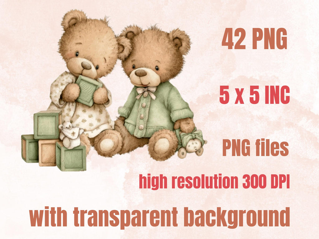 Watercolor Green Teddy Bear Clipart | 42 Whimsical Quirky Bear PNG | Nursery Teddies Digital Download