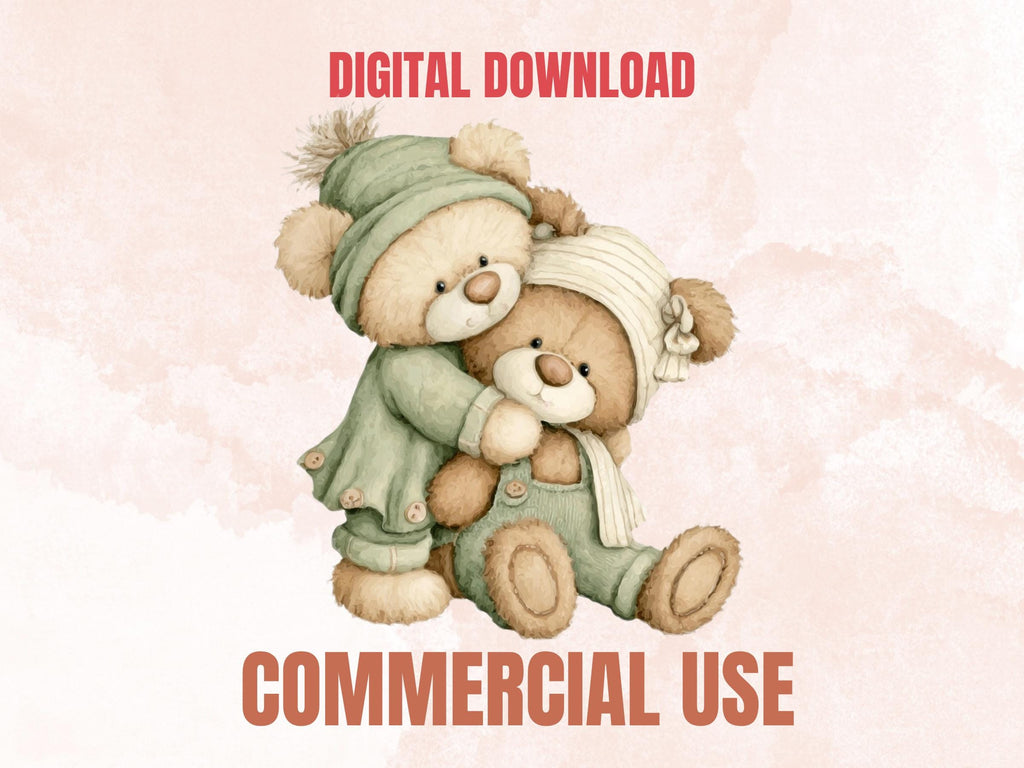 Watercolor Green Teddy Bear Clipart | 42 Whimsical Quirky Bear PNG | Nursery Teddies Digital Download