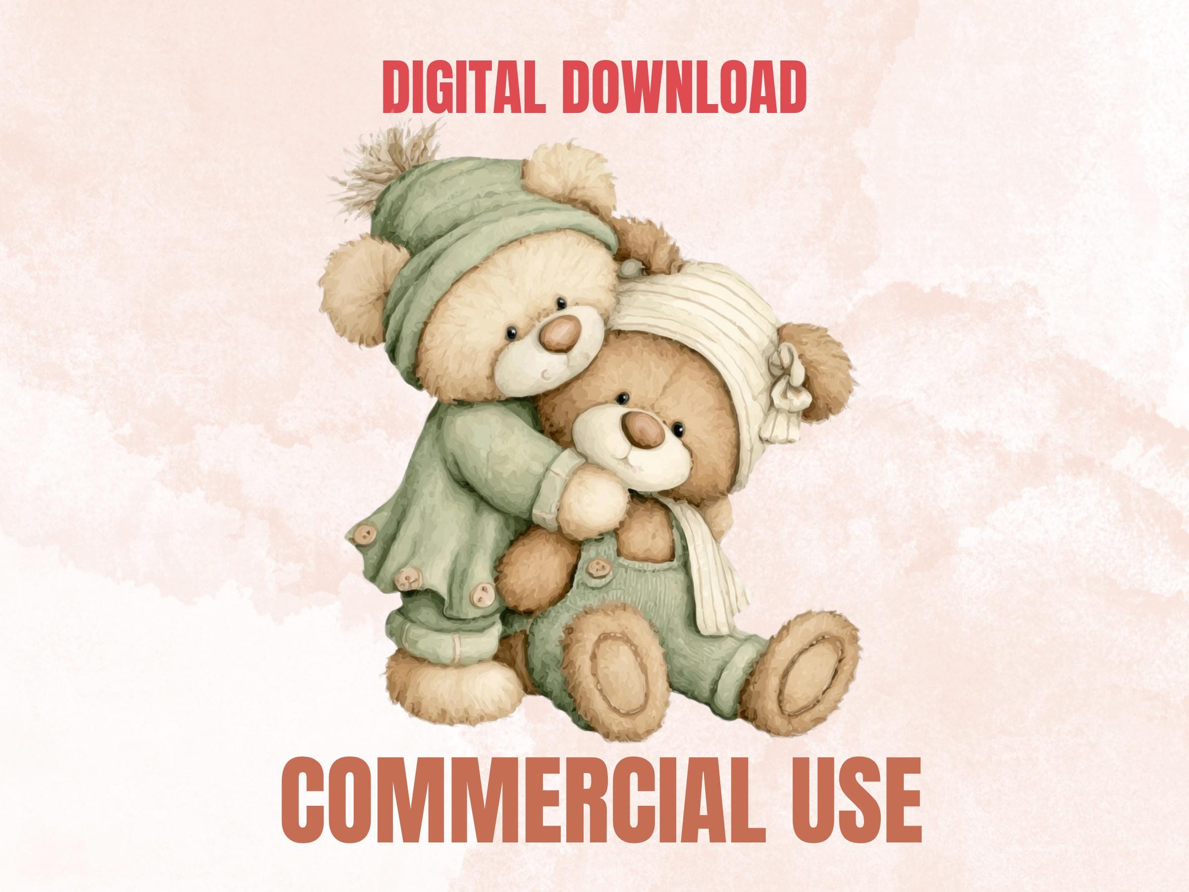 Watercolor Green Teddy Bear Clipart | 42 Whimsical Quirky Bear PNG | Nursery Teddies Digital Download
