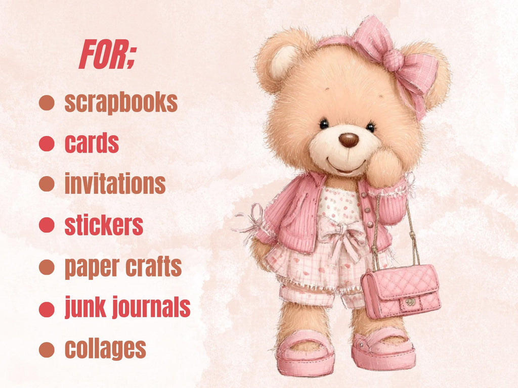 Girly Pink Teddy Bear Clipart | 42 Whimsical Quirky Bear PNG | Nursery Baby Shower Girl Download