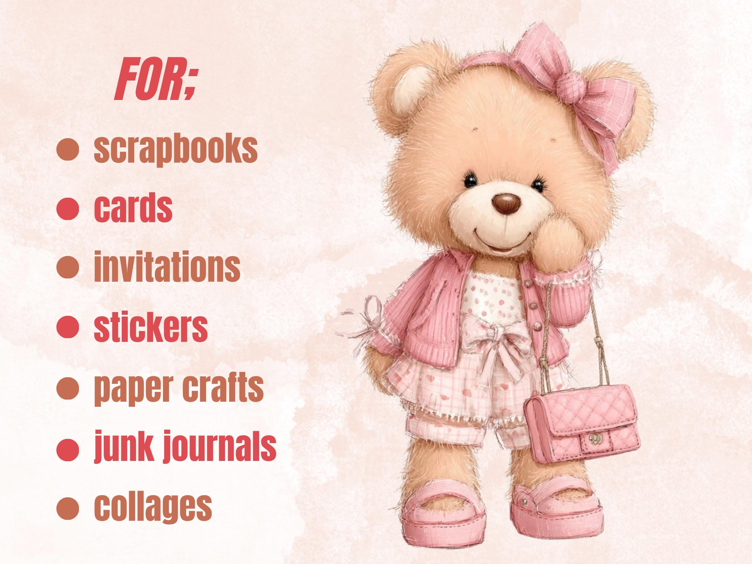 Girly Pink Teddy Bear Clipart | 42 Whimsical Quirky Bear PNG | Nursery Baby Shower Girl Download